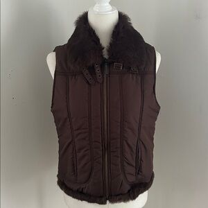 Aryeh Chocolate Brown Down Vest With Fur Trim Sz M/L